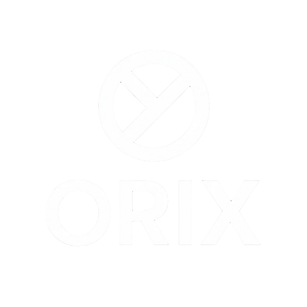 ORIX logo with a white circle and line through it on a black background